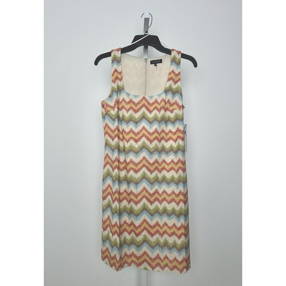 1.STATE Women's Sleeveless Square Neck Dress in Sand Multi Chevron Print Size XS